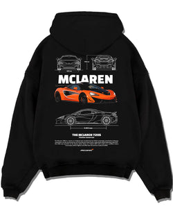 Black pullover hoodie laid flat on a white background, featuring McLaren SENNA rs racing motorsport speed street graphic.