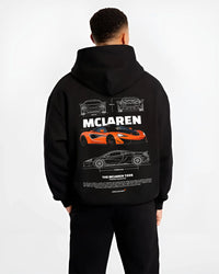 Black hoodie worn by a male model, back view, featuring McLaren SENNA rs racing motorsport speed street performance graphic.