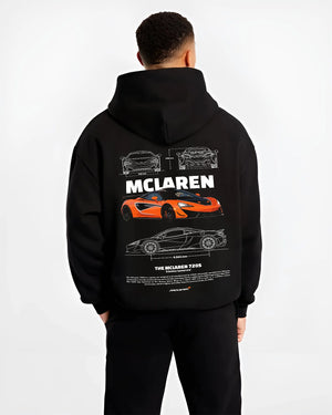 Black hoodie worn by a male model, back view, featuring McLaren SENNA rs racing motorsport speed street performance graphic.