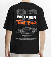 Black T-shirt worn by a male model, back view, featuring McLaren SENNA rs racing motorsport speed street performance graphic.
