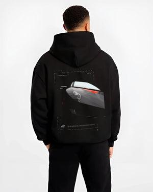 Black hoodie worn by a male model, back view, featuring Lamborghini racing street enthusiast performance motorsport graphic.