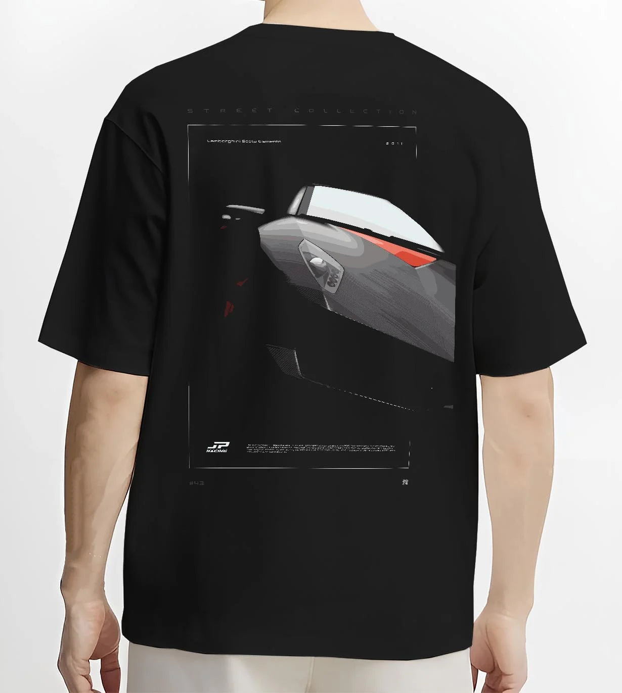 Black T-shirt worn by a male model, back view, featuring Lamborghini racing street enthusiast performance motorsport graphic.