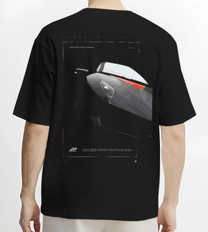 Black T-shirt worn by a male model, back view, featuring Lamborghini racing street enthusiast performance motorsport graphic.