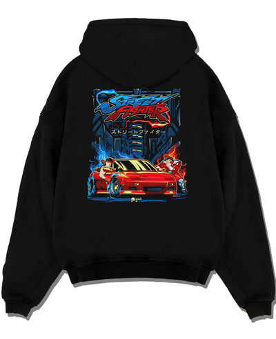 Black pullover hoodie laid flat on a white background, featuring drift jdm street retro enthusiast racing performance graphic.