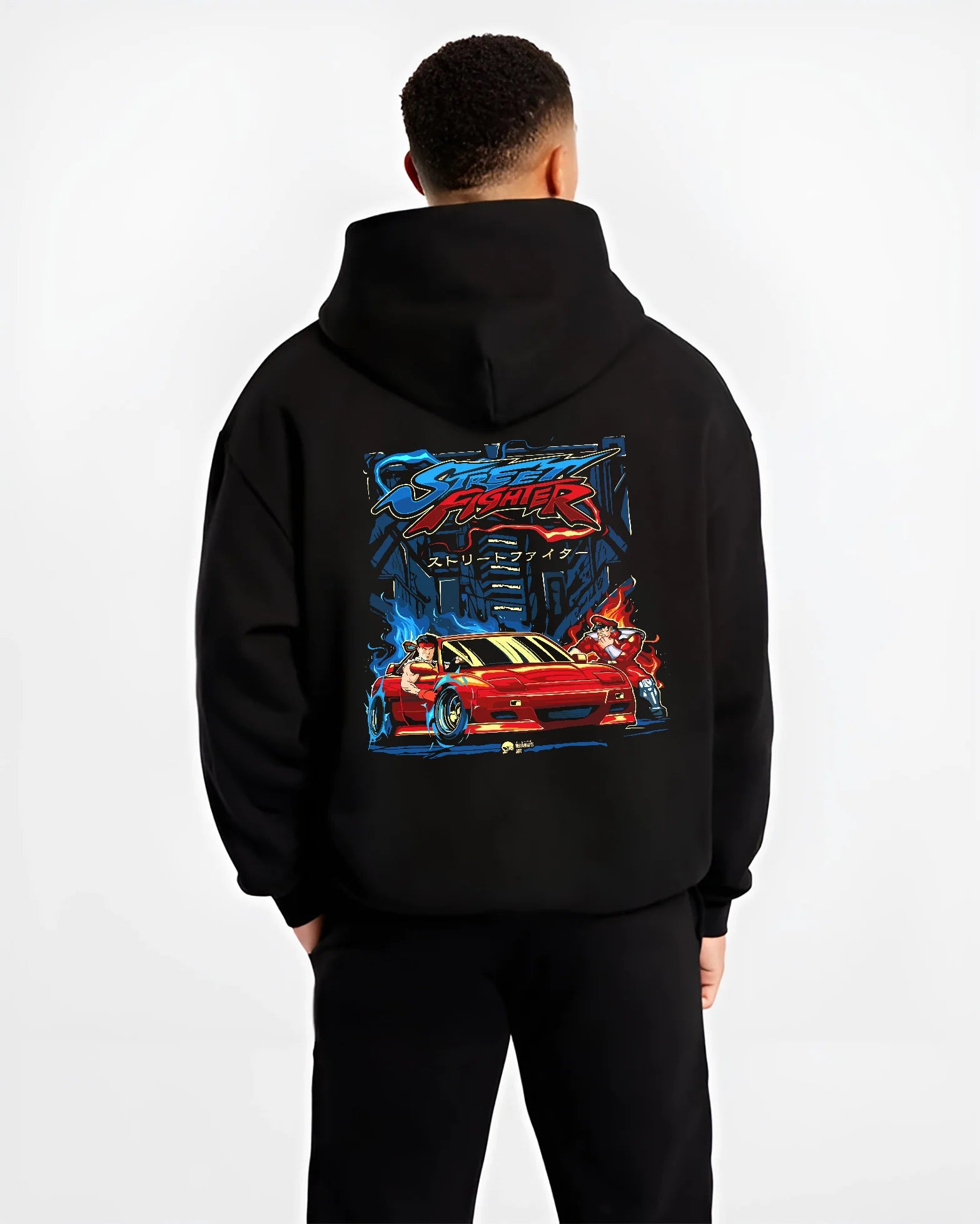 Black hoodie worn by a male model, back view, featuring drift jdm street retro enthusiast racing performance motorsport graphic.