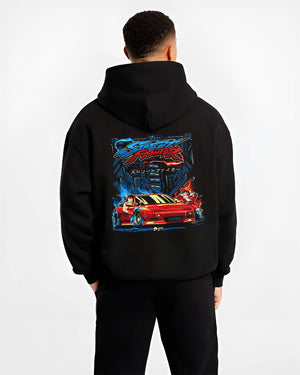 Black hoodie worn by a male model, back view, featuring drift jdm street retro enthusiast racing performance motorsport graphic.