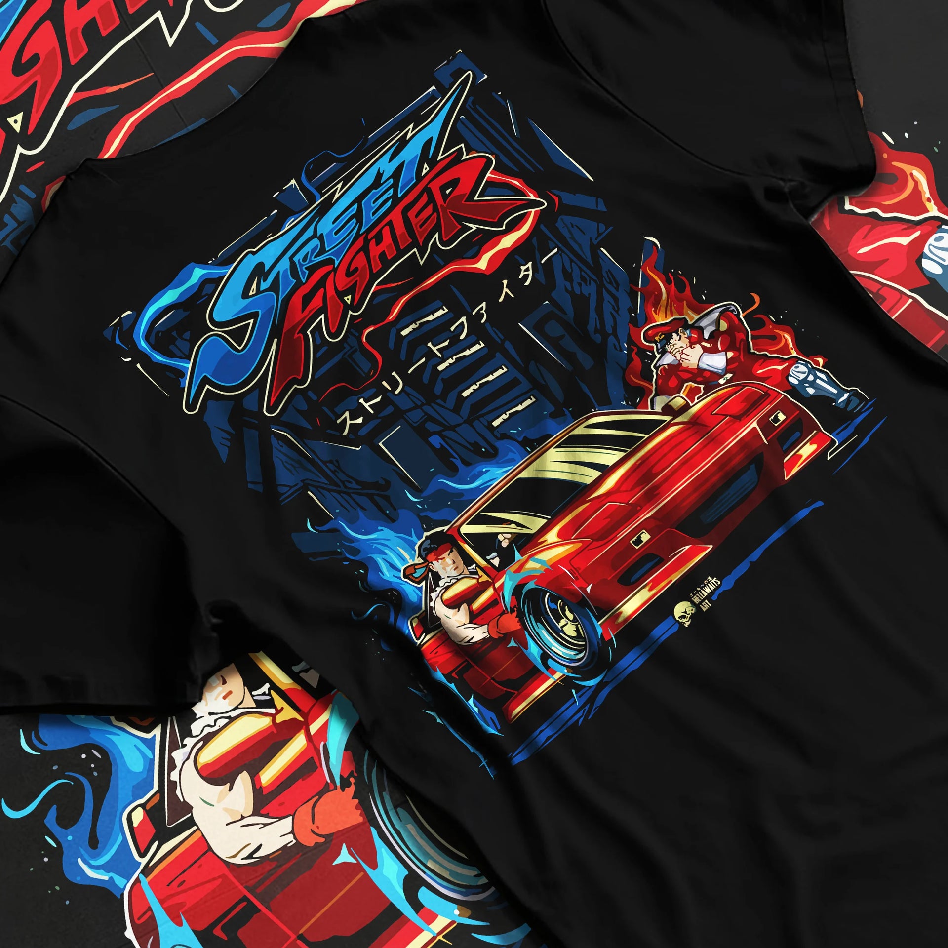 Black T-shirt laid flat with natural fabric folds, featuring drift jdm street retro enthusiast racing performance graphic.