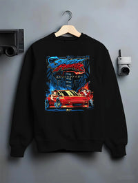 Black crewneck sweatshirt on a hanger against a grey wall, featuring drift jdm street retro enthusiast racing performance graphic.