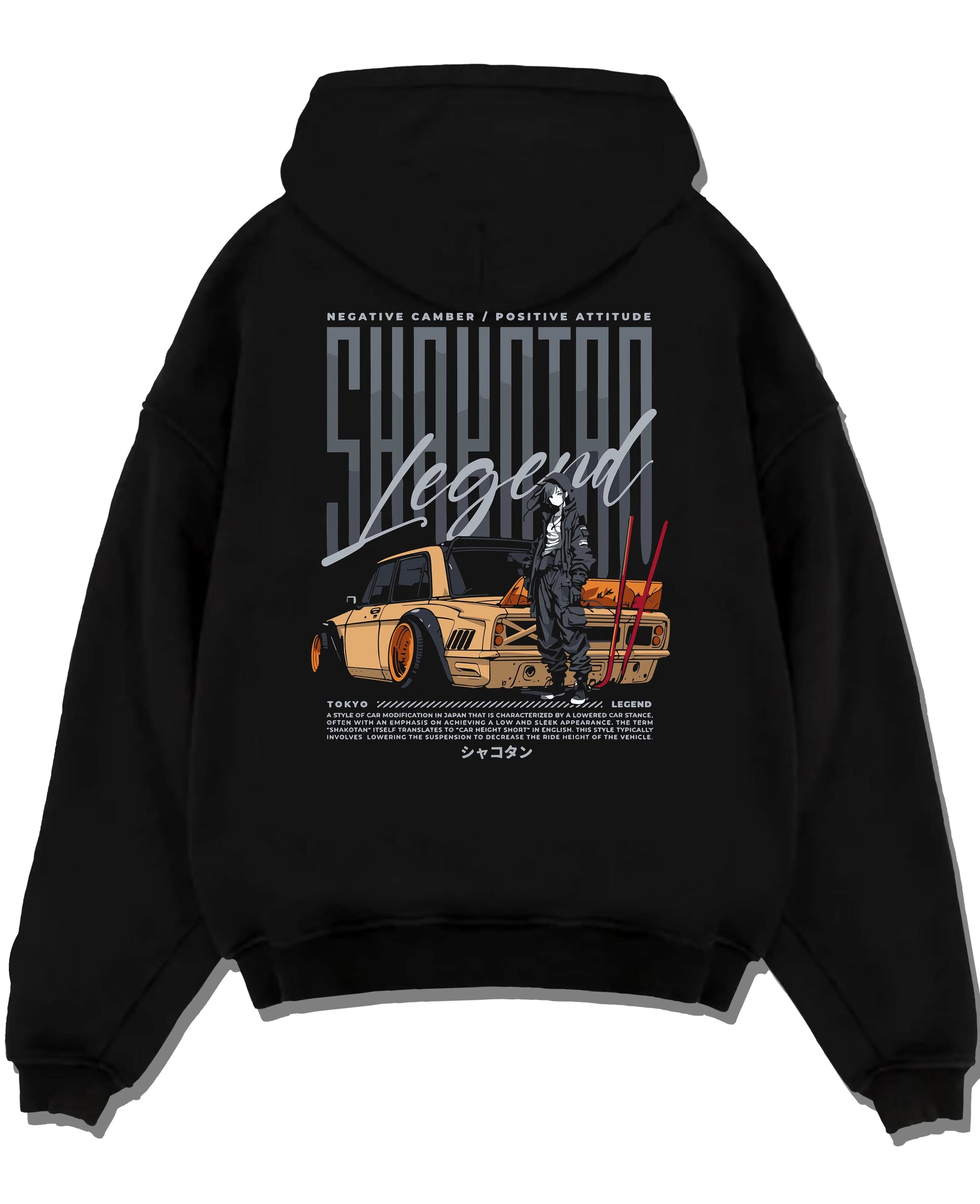 Black pullover hoodie laid flat on a white background, featuring Toyota jdm stance legend racing street performance graphic.