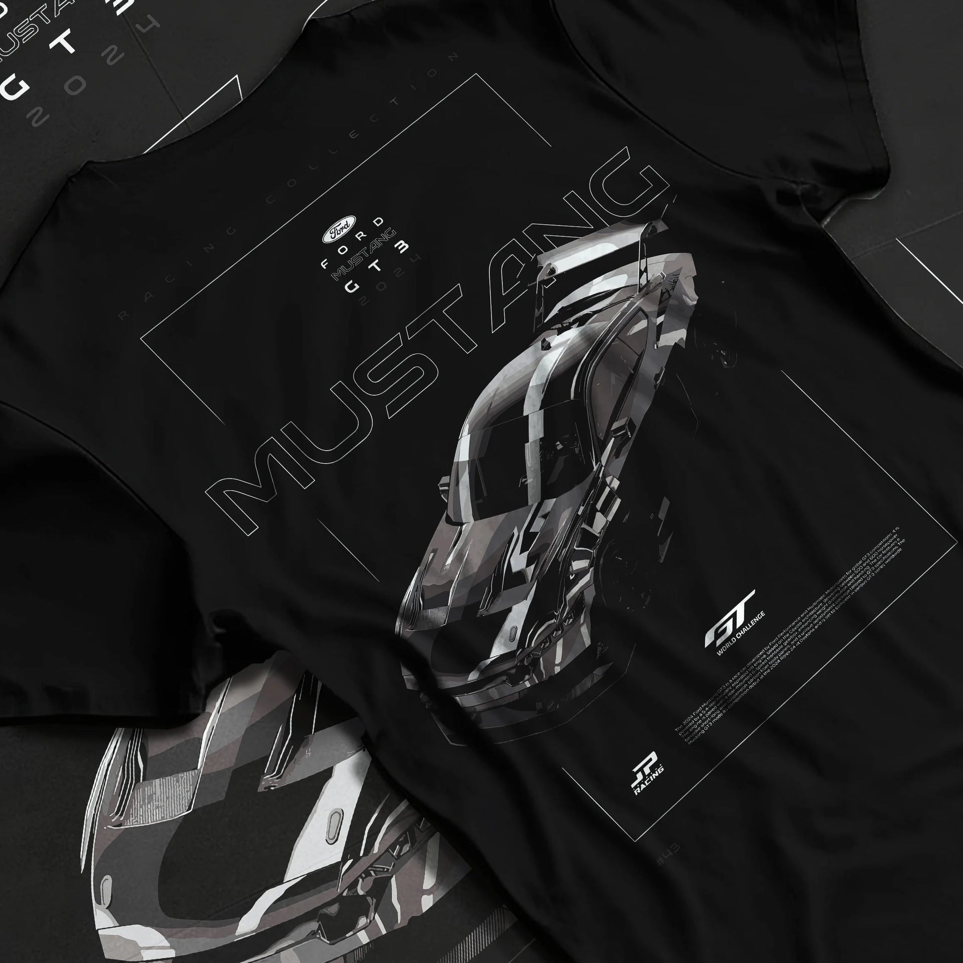 Black T-shirt laid flat with natural fabric folds, featuring shelby turbo turbocharged racing american muscle street graphic.