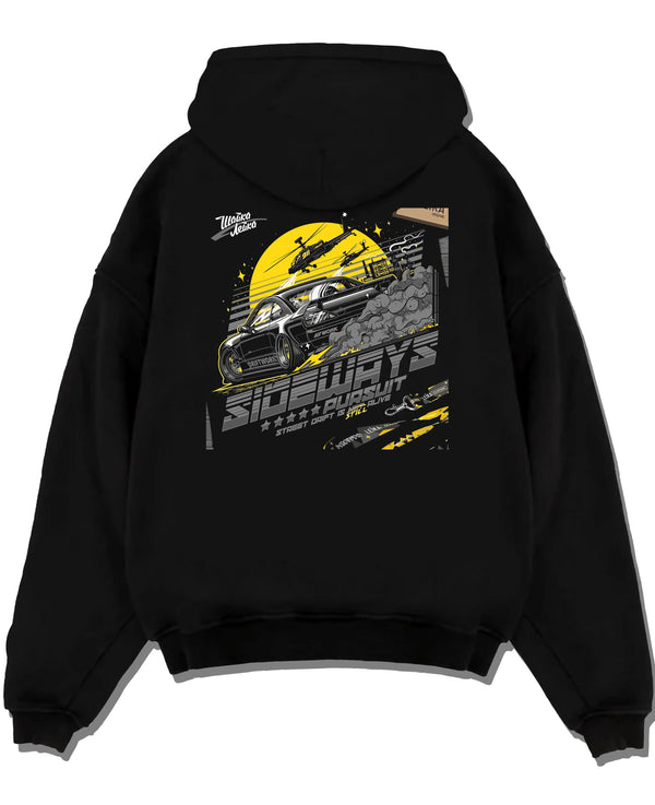 Black pullover hoodie laid flat on a white background, featuring rs turbo turbocharged racing drift jdm japanese tuner graphic.