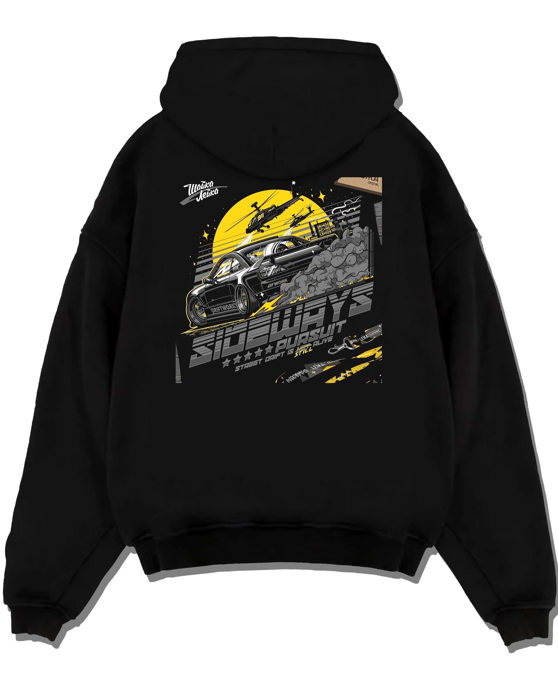 Black pullover hoodie laid flat on a white background, featuring rs turbo turbocharged racing drift jdm japanese tuner graphic.
