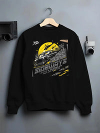 Black crewneck sweatshirt on a hanger against a grey wall, featuring rs turbo turbocharged racing drift jdm japanese tuner graphic.