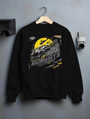 Black crewneck sweatshirt on a hanger against a grey wall, featuring rs turbo turbocharged racing drift jdm japanese tuner graphic.