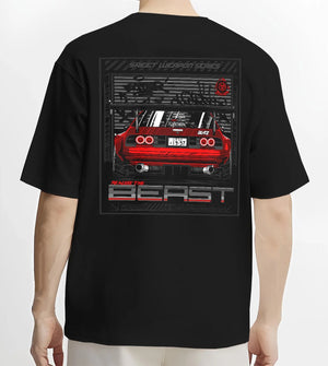 Black T-shirt worn by a male model, back view, featuring SKYLINE racing drift japanese tuner stance street performance graphic.