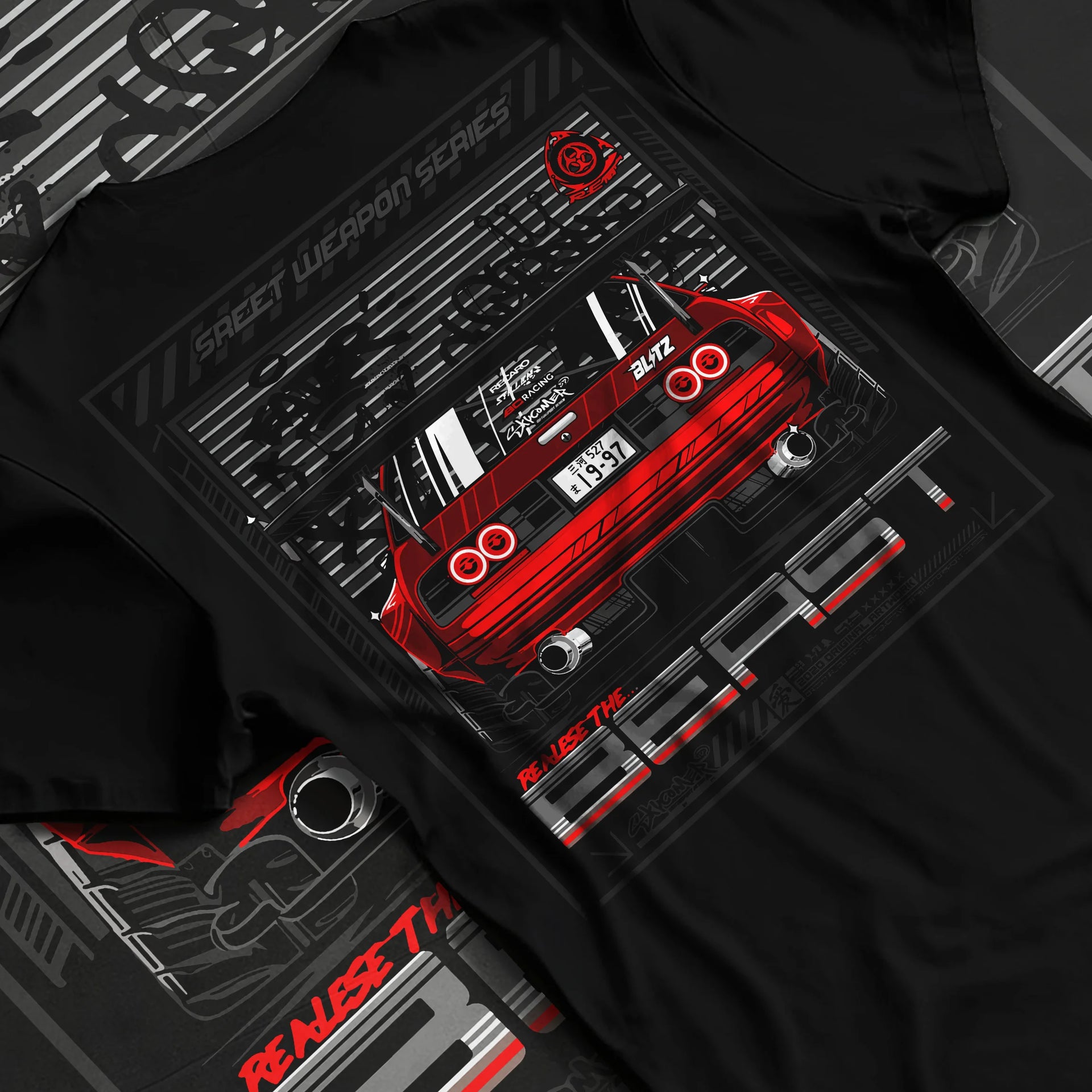 Black T-shirt laid flat with natural fabric folds, featuring SKYLINE racing drift japanese tuner stance street performance graphic.