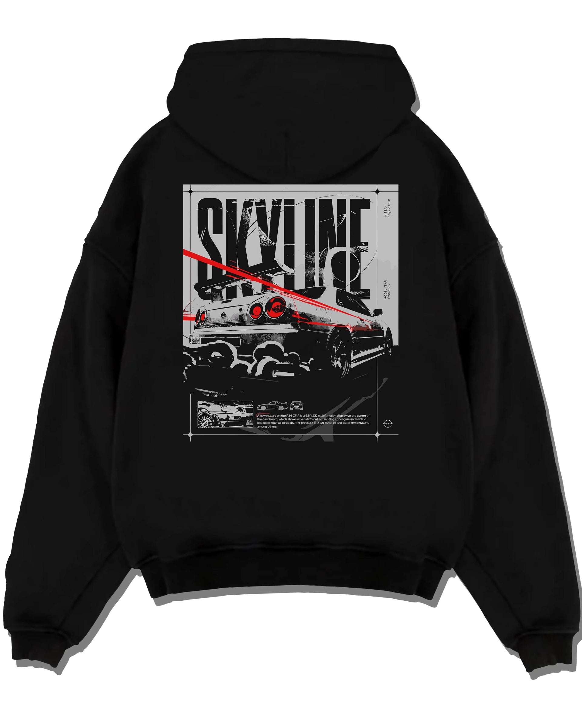 Black pullover hoodie laid flat on a white background, featuring Nissan Skyline R34 r34 skyline turbo turbocharged racing graphic.