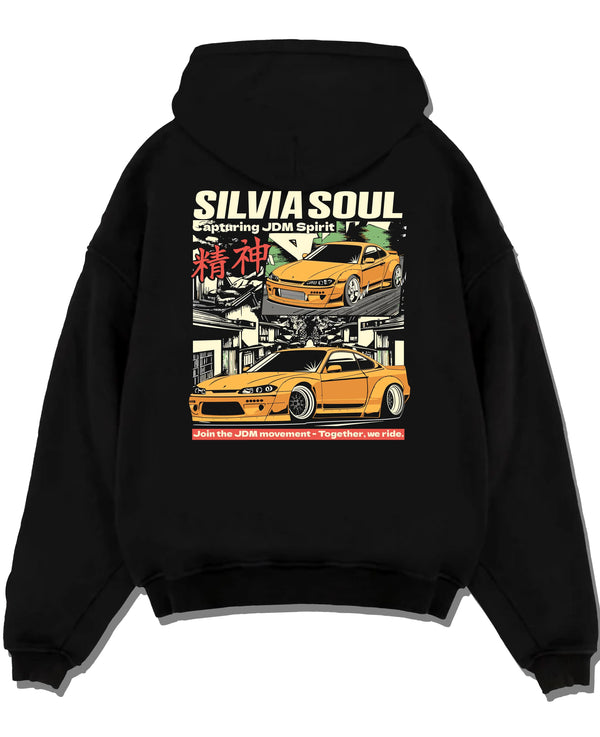 Black pullover hoodie laid flat on a white background, featuring Nissan Silvia S15 silvia drift jdm japanese street racing graphic.