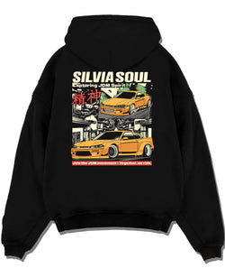 Black pullover hoodie laid flat on a white background, featuring Nissan Silvia S15 silvia drift jdm japanese street racing graphic.