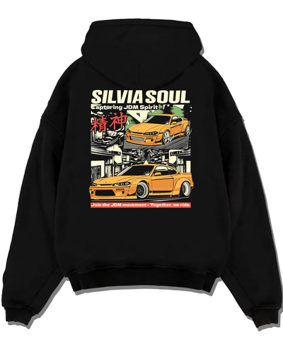 Black pullover hoodie laid flat on a white background, featuring Nissan Silvia S15 silvia drift jdm japanese street racing graphic.