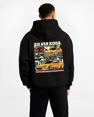Black hoodie worn by a male model, back view, featuring Nissan Silvia S15 silvia drift jdm japanese street racing graphic.