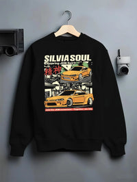 Black crewneck sweatshirt on a hanger against a grey wall, featuring Nissan Silvia S15 silvia drift jdm japanese street graphic.
