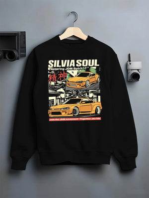 Black crewneck sweatshirt on a hanger against a grey wall, featuring Nissan Silvia S15 silvia drift jdm japanese street graphic.