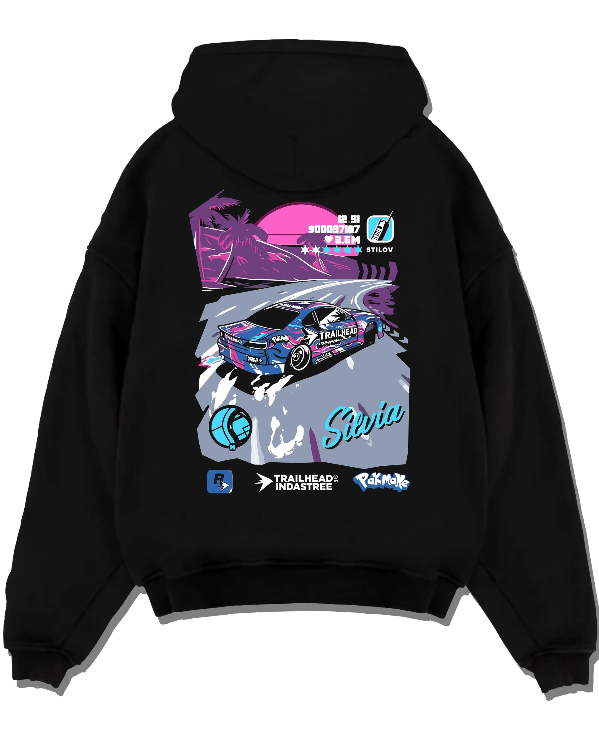Black pullover hoodie laid flat on a white background, featuring SILVIA racing drift jdm japanese street retro performance graphic.