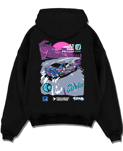 Black pullover hoodie laid flat on a white background, featuring SILVIA racing drift jdm japanese street retro performance graphic.