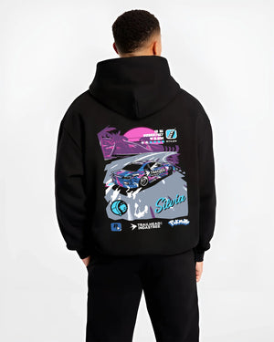 Black hoodie worn by a male model, back view, featuring SILVIA racing drift jdm japanese street retro performance graphic.