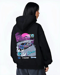 Black hoodie worn by a female model, back view, featuring SILVIA racing drift jdm japanese street retro performance graphic.