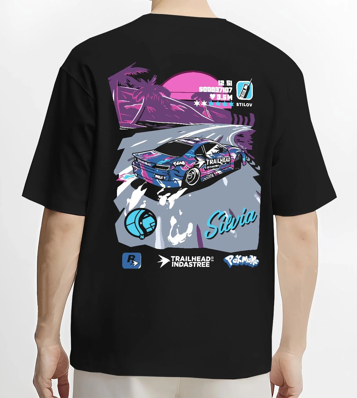 Black T-shirt worn by a male model, back view, featuring SILVIA racing drift jdm japanese street retro performance graphic.
