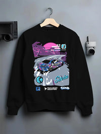 Black crewneck sweatshirt on a hanger against a grey wall, featuring SILVIA racing drift jdm japanese street retro graphic.