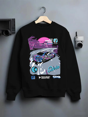 Black crewneck sweatshirt on a hanger against a grey wall, featuring SILVIA racing drift jdm japanese street retro graphic.