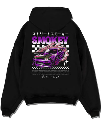 Black pullover hoodie laid flat on a white background, featuring racing drift muscle street retro classic performance graphic.