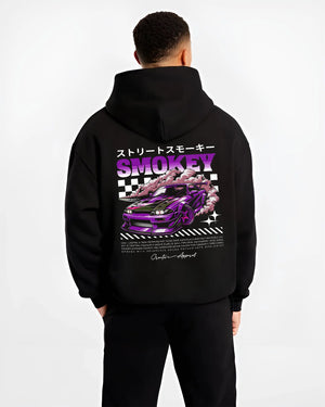 Black hoodie worn by a male model, back view, featuring racing drift muscle street retro classic performance motorsport graphic.