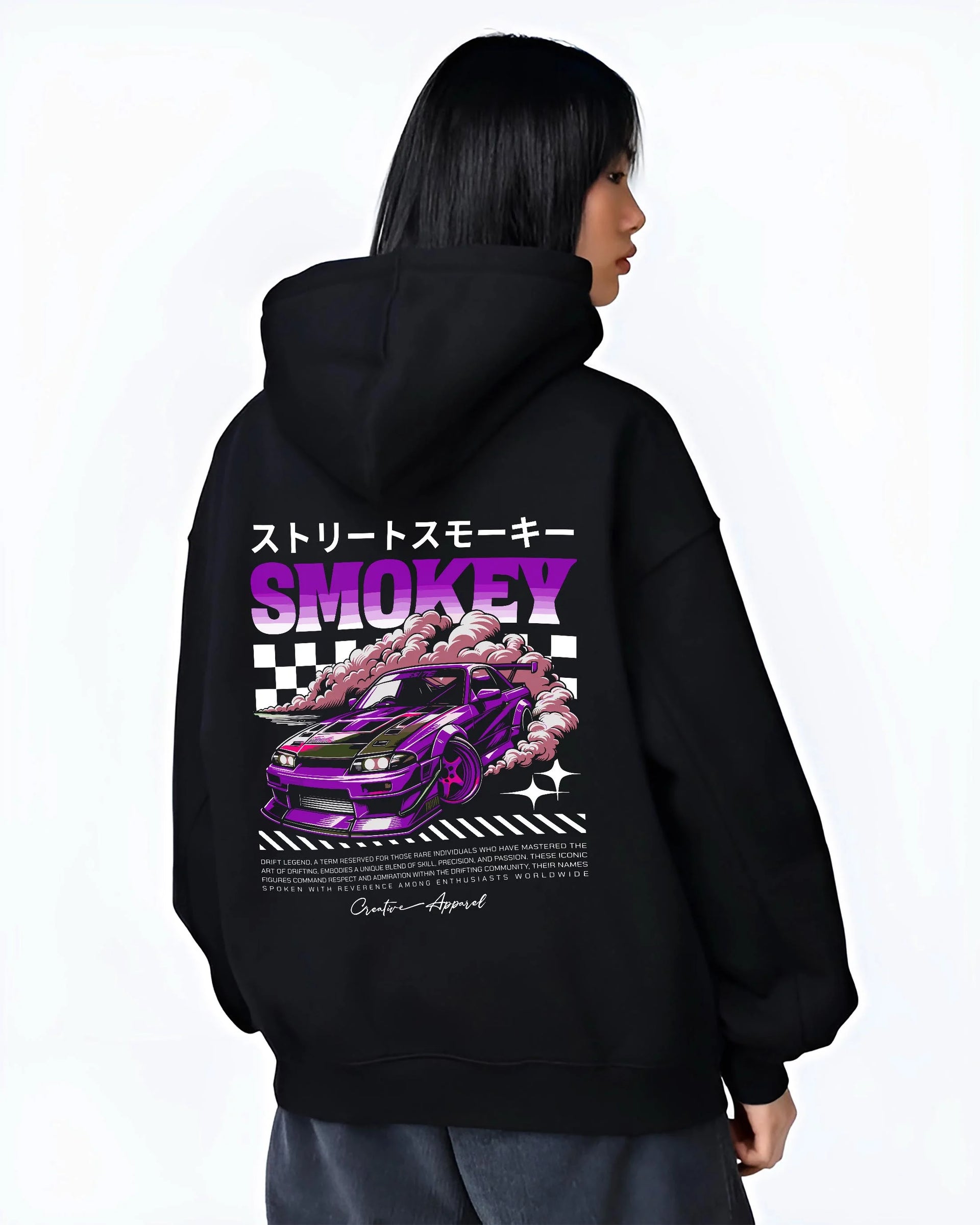 Black hoodie worn by a female model, back view, featuring racing drift muscle street retro classic performance motorsport graphic.