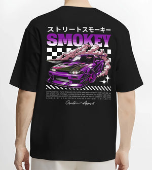 Black T-shirt worn by a male model, back view, featuring racing drift muscle street retro classic performance motorsport graphic.