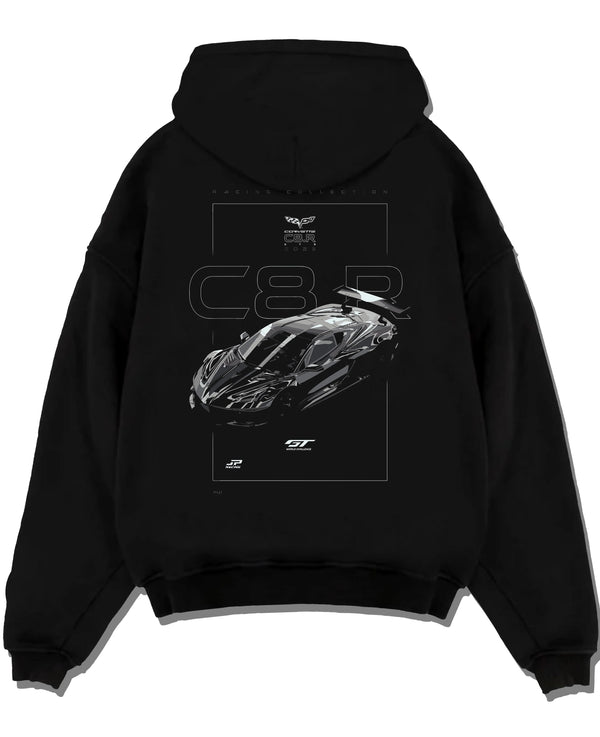 Black pullover hoodie laid flat on a white background, featuring Chevrolet Corvette C6 corvette racing muscle street graphic.
