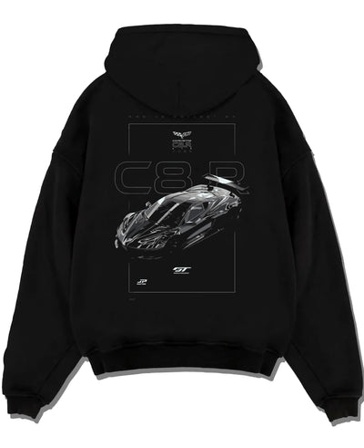 Black pullover hoodie laid flat on a white background, featuring Chevrolet Corvette C6 corvette racing muscle street graphic.