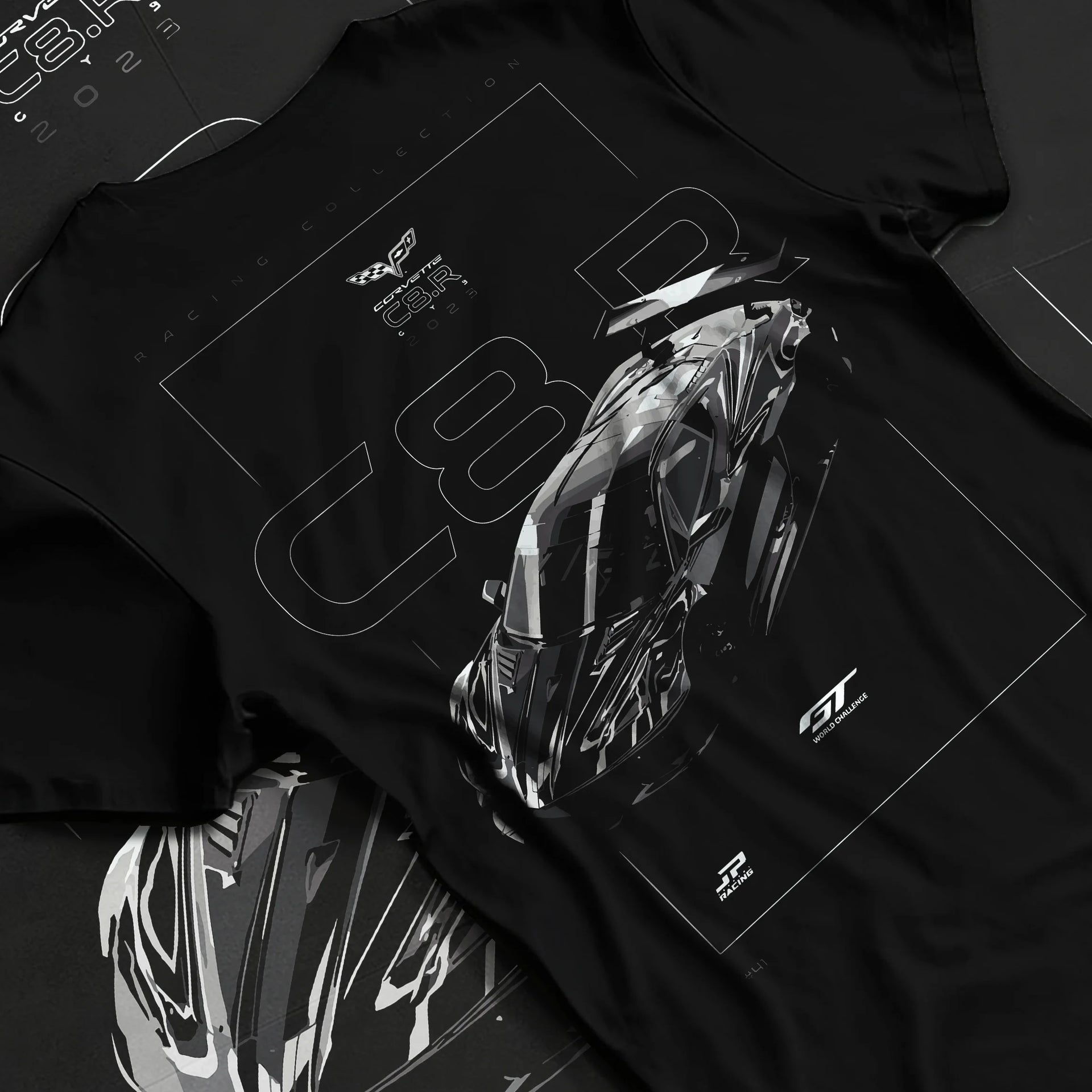 Black T-shirt laid flat with natural fabric folds, featuring Chevrolet Corvette C6 corvette racing muscle street enthusiast graphic.