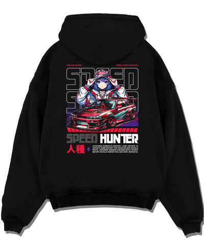 Black pullover hoodie laid flat on a white background, featuring Nissan SILVIA drift jdm japanese street speed racing graphic.