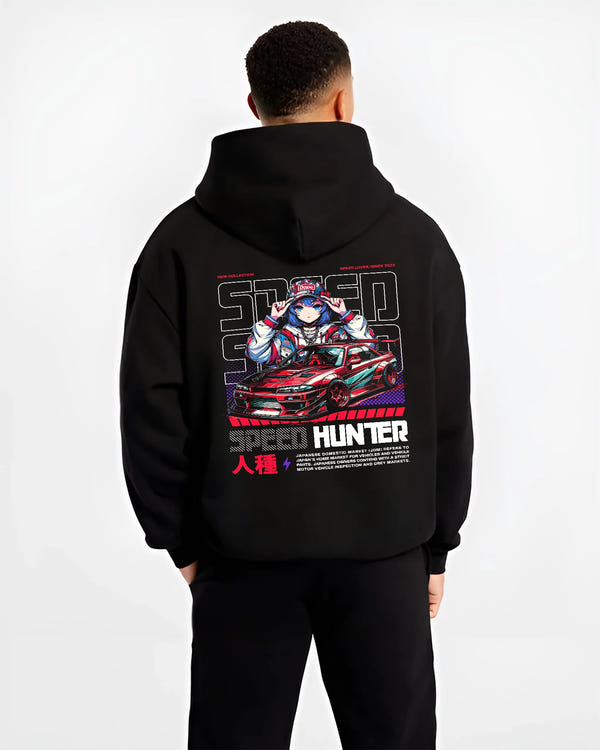Black hoodie worn by a male model, back view, featuring Nissan SILVIA drift jdm japanese street speed racing graphic.