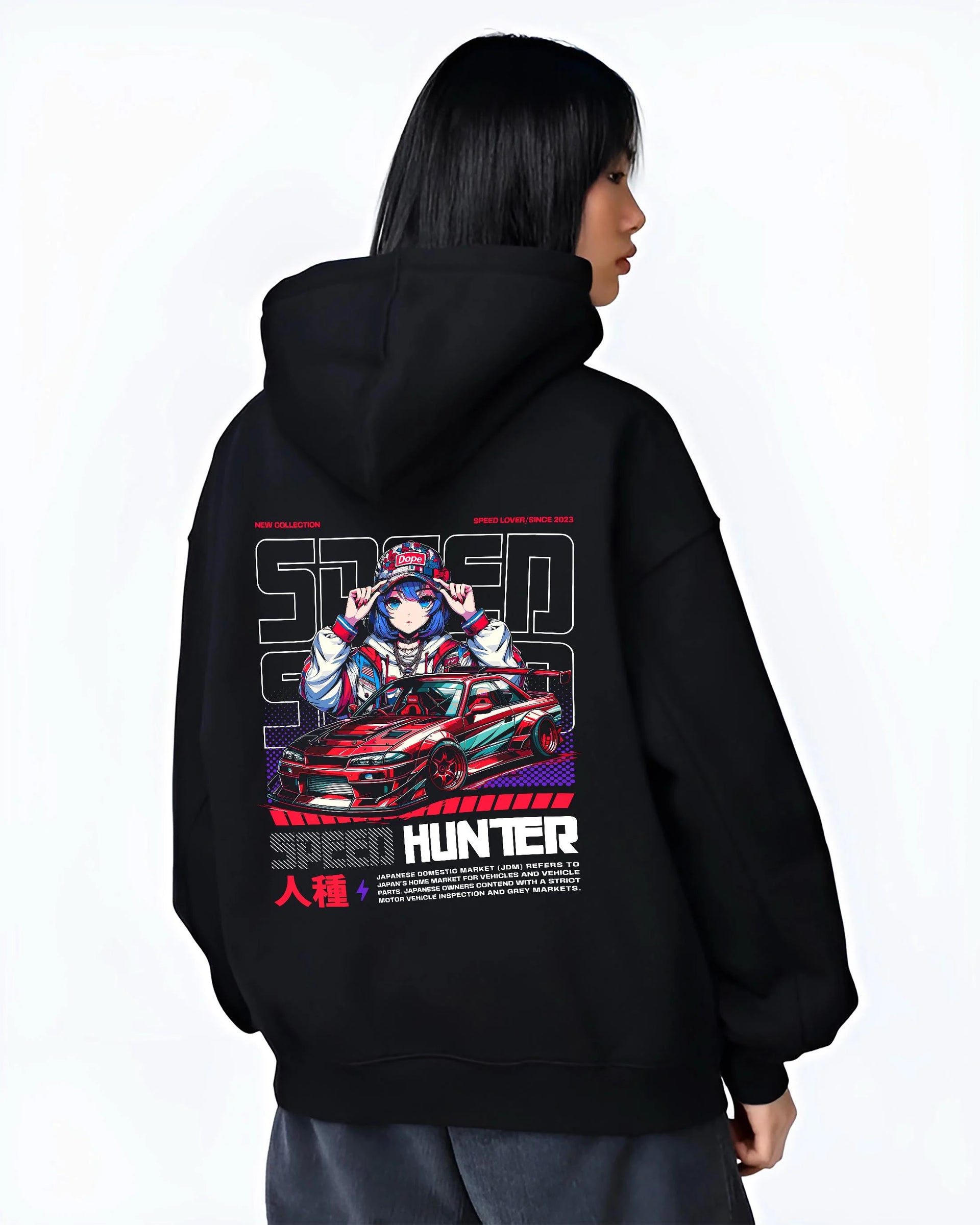 Black hoodie worn by a female model, back view, featuring Nissan SILVIA drift jdm japanese street speed racing graphic.