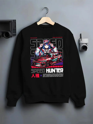 Black crewneck sweatshirt on a hanger against a grey wall, featuring Nissan SILVIA drift jdm japanese street speed racing graphic.