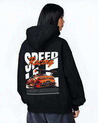 Black hoodie worn by a female model, back view, featuring rs racing drift motorsport jdm japanese street speed graphic.