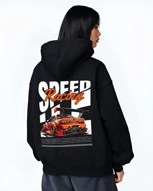 Black hoodie worn by a female model, back view, featuring rs racing drift motorsport jdm japanese street speed graphic.
