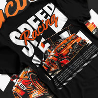 Black T-shirt laid flat with natural fabric folds, featuring rs racing drift motorsport jdm japanese street speed graphic.