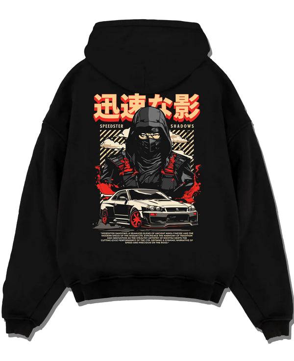 Black pullover hoodie laid flat on a white background, featuring Nissan SKYLINE r34 ninja drift jdm japanese street speed graphic.