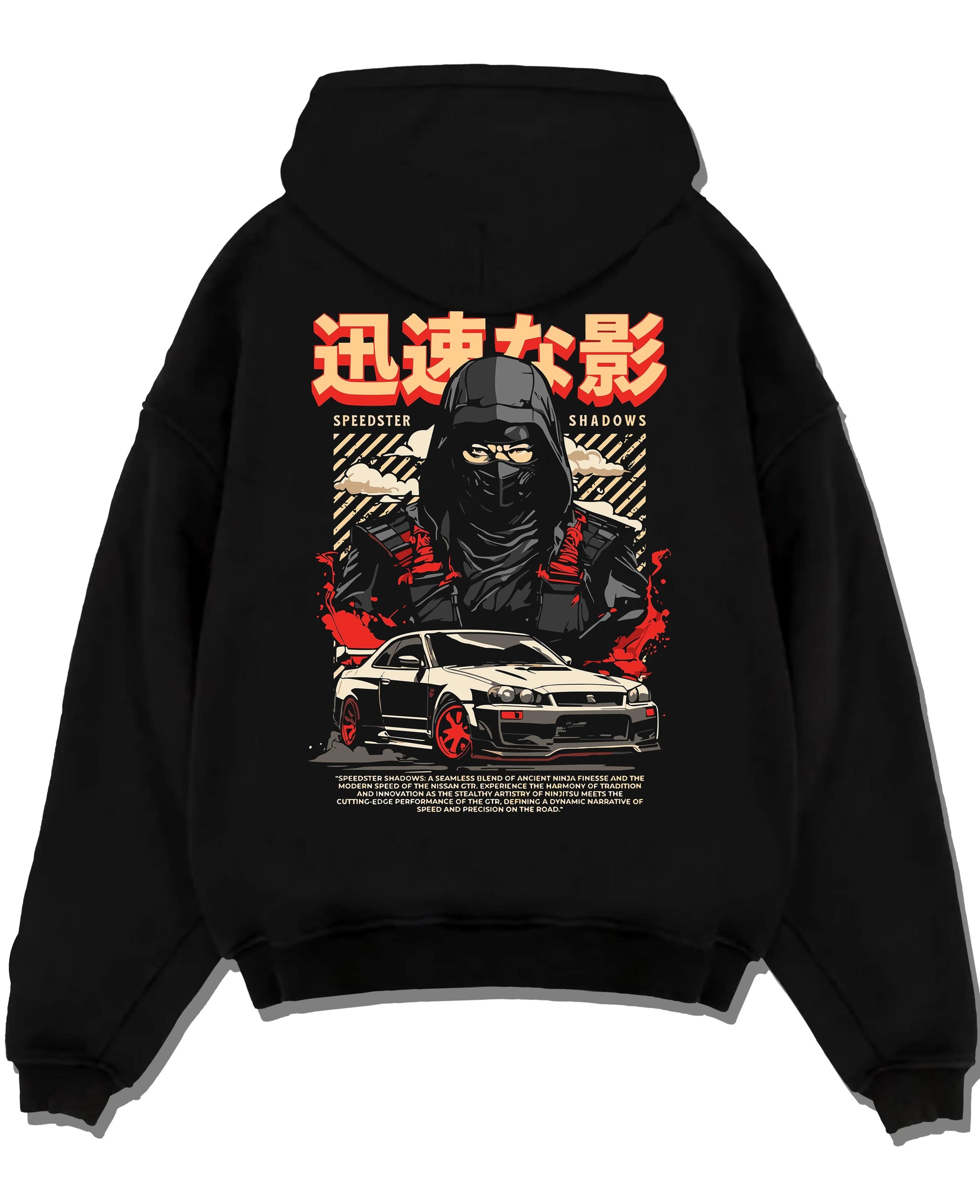Black pullover hoodie laid flat on a white background, featuring Nissan SKYLINE r34 ninja drift jdm japanese street speed graphic.